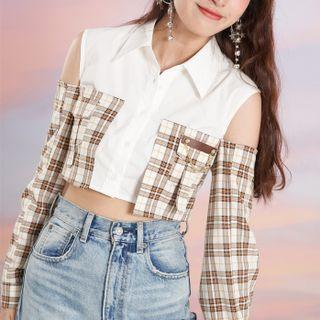 Long-sleeve Polo Collar Panel Plaid Off-shoulder Mock Two-piece Shirt