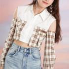 Long-sleeve Polo Collar Panel Plaid Off-shoulder Mock Two-piece Shirt