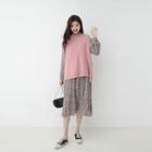 Floral Midi A-line Dress / Plain Slit-back Sweater Vest