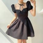 Puff Sleeve Mesh Panel Ruched Mini A-line Dress