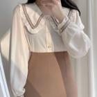 Embroidered Trim Ruffle Trim Blouse