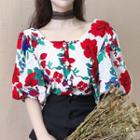 Elbow-sleeve Floral Print Shirt White - One Size