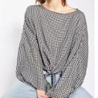 Long-sleeve Tie-front Gingham Blouse