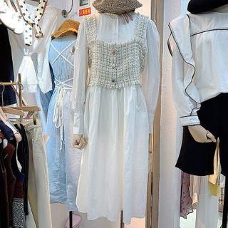 Long-sleeve Tweed Panel Midi A-line Dress White - One Size