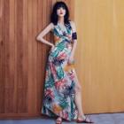 Leaf Print Open-back Maxi A-line Halter Dress