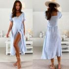 Short-sleeve Flower Print Side-slit Midi A-line Dress