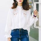 Flower Embroidered Band Collar Shirt