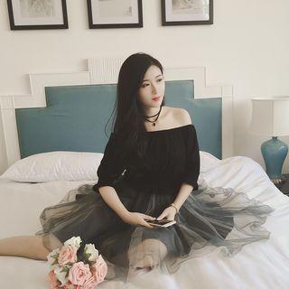 Mesh Panel Off-shoulder Elbow-sleeve A-line Dress