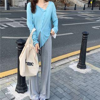 Long-sleeve Irregular Split Plain Cardigan