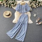 Set Of 2 : Ruffle Puff-sleeve Floral Top + Floral High-waist Wide-leg Pants