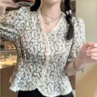 Elbow-sleeve Floral Blouse Green - One Size