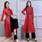 Set: Faux-suede Zip Coatdress + Wide-leg Pants