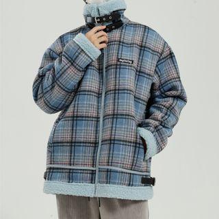 Buckled Fleece-lined Plaid Zip Jacket