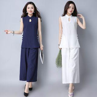 Set: Linen Tank Top + Cropped Wide Leg Pants