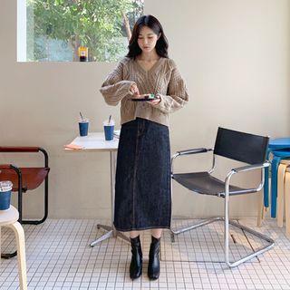 Stitched H-line Long Denim Skirt