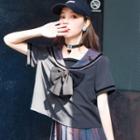 Short-sleeve Sailor Collar Top / Mini Printed Pleated Skirt