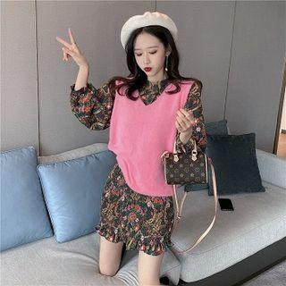 Plain V-neck Loose-fit Sleeveless Vest / Floral Crewneck Slim-waist Puff-sleeve Dress