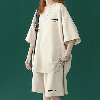 Set: Short Sleeve Lettering Print Tee + Wide Leg Shorts