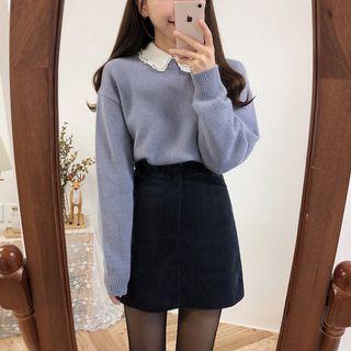 Plain Sweater / Ruffle Trim Shirt