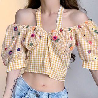 Puff-sleeve Halter Gingham Blouse