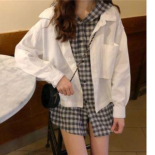Mock Two-piece Plaid Panel Shirt Jacket