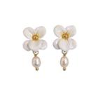Fashion And Elegant Plated Gold Enamel White Flower Earrings With Imitation Pearls Golden - One Size