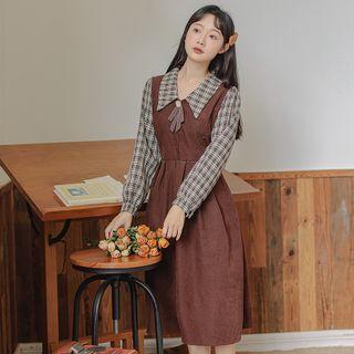 Mock Two-piece Puff-sleeve Plaid Panel A-line Dress