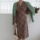 Puff-sleeve Floral Midi Wrap Dress Green - One Size