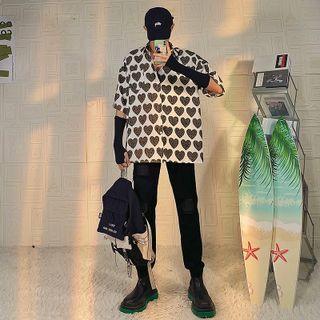 Elbow Sleeve Collar Heart Print Shirt
