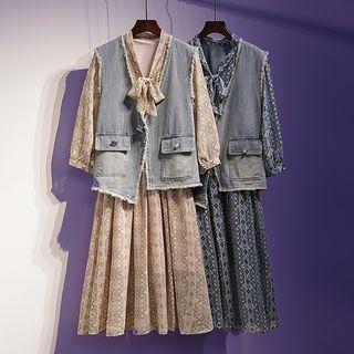 Set: Long-sleeve Midi Floral Chiffon Dress + Denim Vest