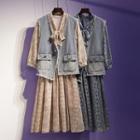 Set: Long-sleeve Midi Floral Chiffon Dress + Denim Vest
