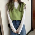Mock-turtleneck Kit Top / V-neck Knit Vest