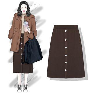 Midi A-line Knit Skirt Light Brown Red - One Size