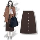 Midi A-line Knit Skirt Light Brown Red - One Size