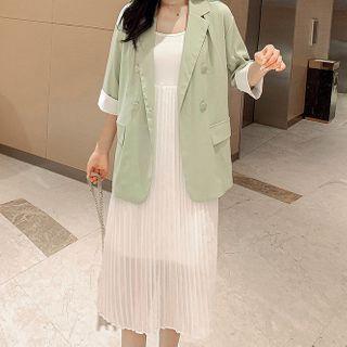 3/4-sleeve Double-breasted Blazer / Spaghetti-strap Accordion Pleat Midi Dress