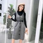 Set: Long-sleeve Top + Plaid Single-breasted Pinafore Dress