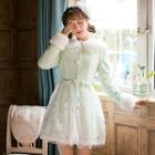 Furry Collar Lace Panel Coatdress