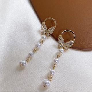 Rhinestone Butterfly Faux Pearl Drop Earring 1 Pair - Gold - One Size
