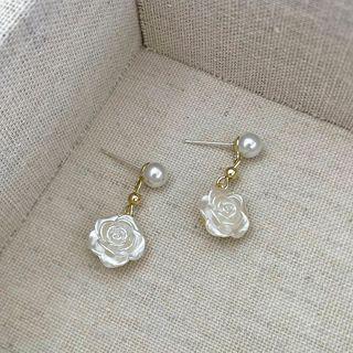 Flower Faux Pearl Alloy Dangle Earring 01 - 1 Pair - White - One Size