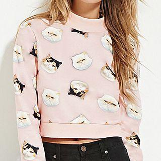Cat Print Cropped Long-sleeve T-shirt