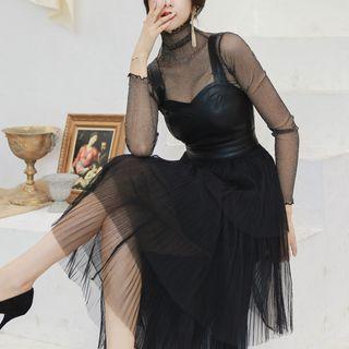 Mesh Panel Long-sleeve Midi Layered A-line Dress