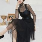 Mesh Panel Long-sleeve Midi Layered A-line Dress