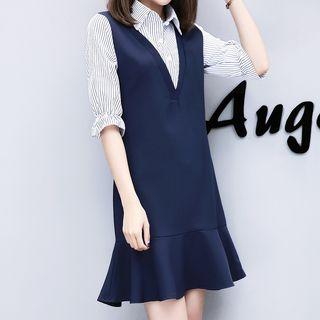 Inset Stripe Shirt Ruffle-hem Jumper Dress