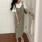 Elbow-sleeve T-shirt / Floral Print Midi Sheath Overall Dress
