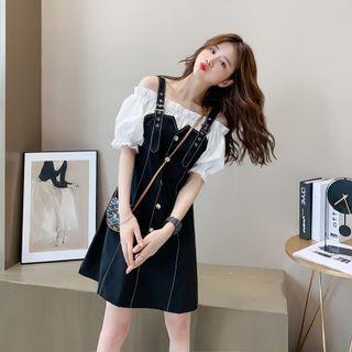 Mock Two-piece Puff-sleeve Cold Shoulder Mini A-line Dress