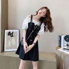 Mock Two-piece Puff-sleeve Cold Shoulder Mini A-line Dress