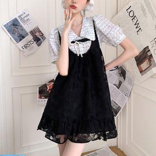 Short-sleeve Print Blouse / Beaded Overall Dress