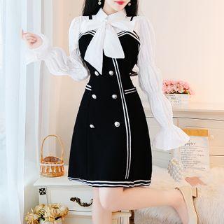 Lantern-sleeve Tie-neck Mock Two Piece Dress