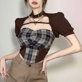 Set: Plaid Shirred Tube Top + Puff-sleeve Crop Blouse