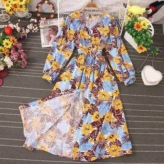 V-neck Floral Print Midi A-line Dress